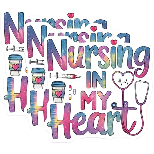 (3 Pack) Nurse Decals - Nursing in My Heart - Medical Stickers- 3 Inches On Longest Side - Easy Peel & Apply - Made in USA - 3MCS5274
