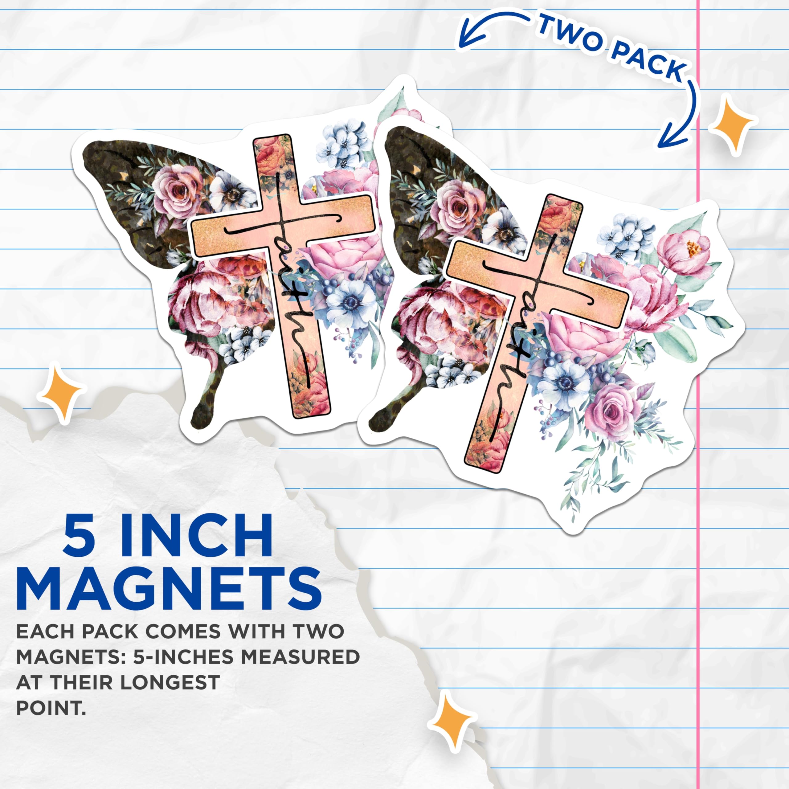 (2 Pack) Floral Cross Magnets - Faith Home Decor - Christian Art Magnets - 5" On Longest Side - Premium Magnet - for Cars, Refrigerators, Toolboxes, Lockers - Made in USA - MAG16740
