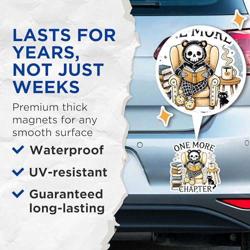 (2 Pack) One More Chapter Magnets - Book Lover Decorative Magnets - Cute Skull Reading Magnets for Bookworms- 5" On Longest Side - for Fridges, Toolboxes, Cars - Made in USA - MAG2752
