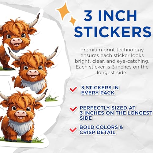 (3 Pack) Highland Cow Decals - Cute Cow Sticker - Cartoon Animal Decals - 3 Inches On Longest Side - Easy Peel & Apply - Made in USA - 3MCS1052