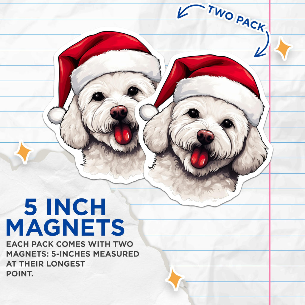 (2 Pack) Christmas Dog Magnets - Bichon Frise Santa Hat Pet Magnets - Festive Puppy Holiday Decor - 5 Inches On Longest Side - Thick Durable Magnet - Made in USA - MAG28617