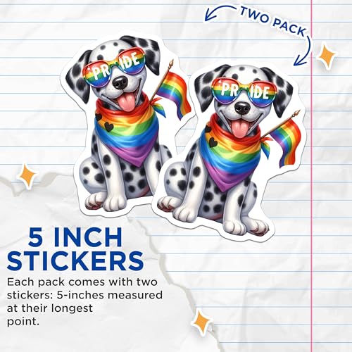 (2 Pack) Pride Dog Stickers - Rainbow Flag Dog - LGBTQ+ Pride Sticker - 5" On Longest Side - Sticks to Smooth Flat Surfaces - Made in USA - BMCS6543