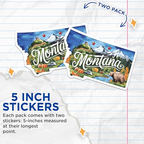 (2 Pack) Montana State Stickers - Nature Landscape - Mountain Bear Sticker Art - 5" On Longest Side - Sticks to Smooth Flat Surfaces - Made in USA - BMCS6303