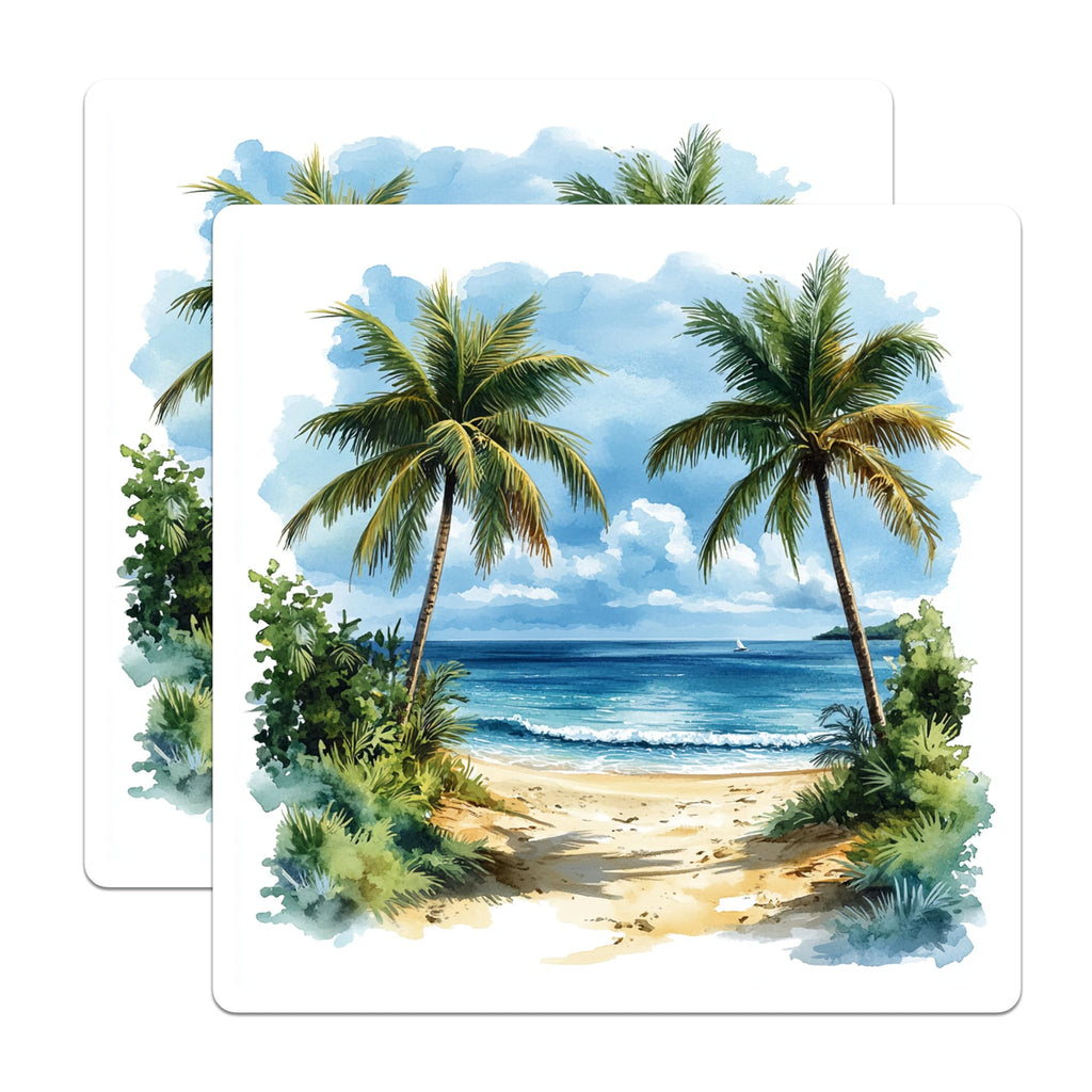 (2 Pack) Tropical Beach Magnets - Watercolor Palm Tree Scene - Coastal Home Decor - Ocean View Art - 5 Inches On Longest Side - Thick Durable Magnet - Made in USA - MAG27774