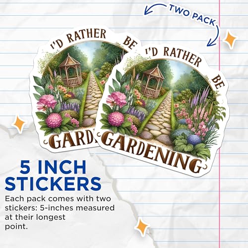 (2 Pack) I'd Rather Be Gardening Stickers - Garden Lover Decal - Floral Garden Decoration - 5" On Longest Side - Sticks to Smooth Flat Surfaces - Made in USA - BMCS8805
