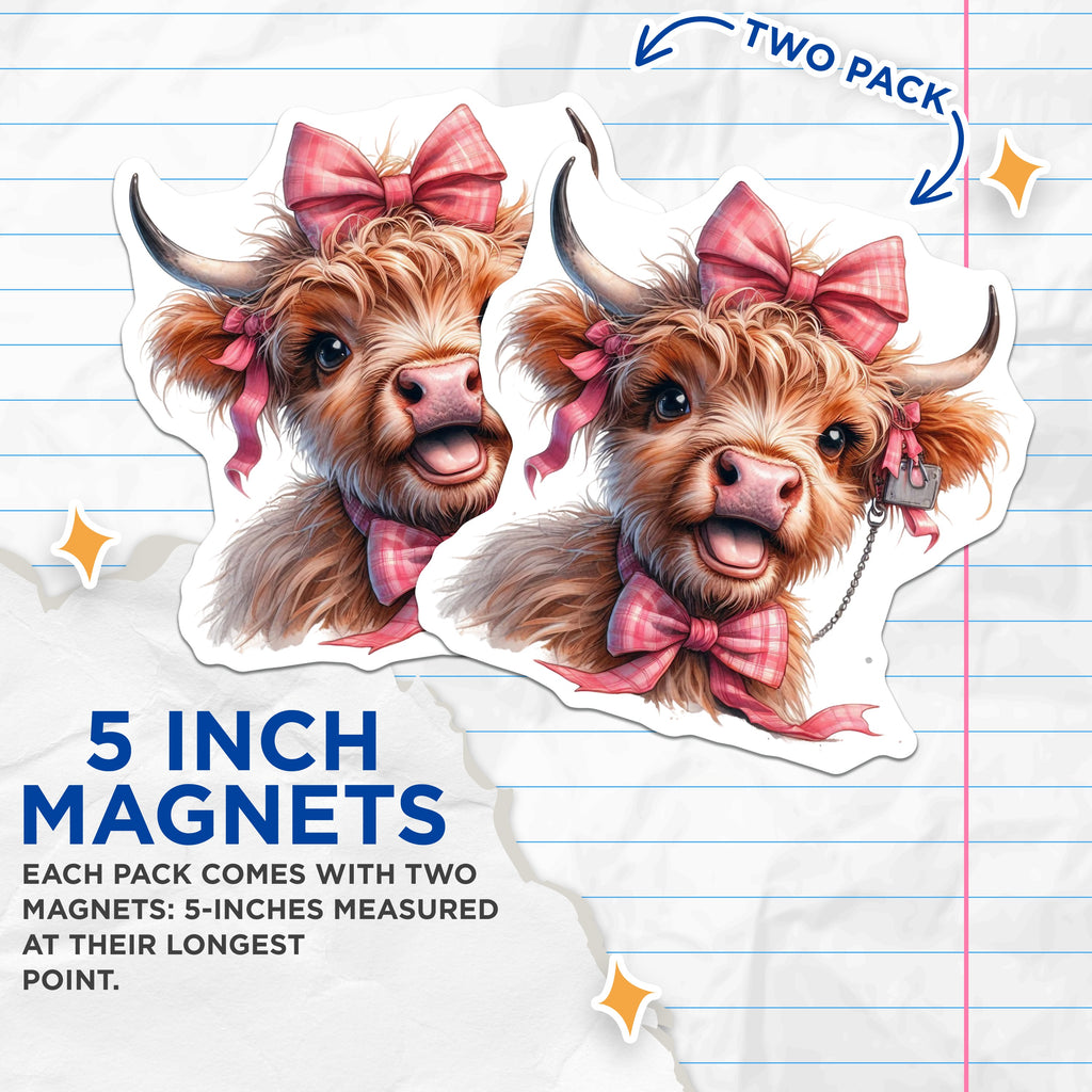(2 Pack) Highland Cow Magnets - Adorable Pink Bow Baby Calf - Farmhouse Country Kitchen Refrigerator Decor - 5 Inches On Longest Side - Thick Durable Magnet - Made in USA - MAG39054