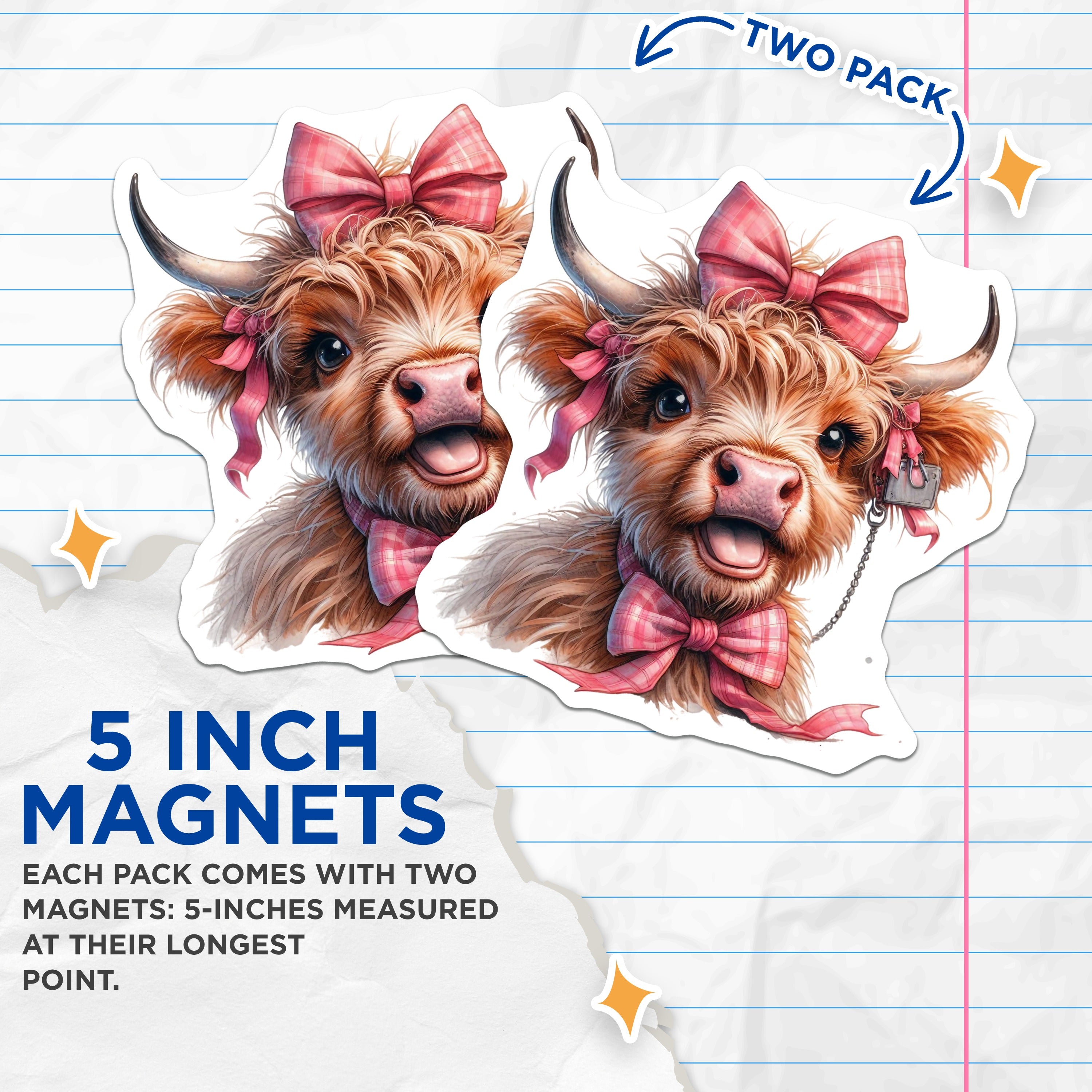 (2 Pack) Highland Cow Magnets - Adorable Pink Bow Baby Calf - Farmhouse Country Kitchen Refrigerator Decor - 5 Inches On Longest Side - Thick Durable Magnet - Made in USA - MAG39054