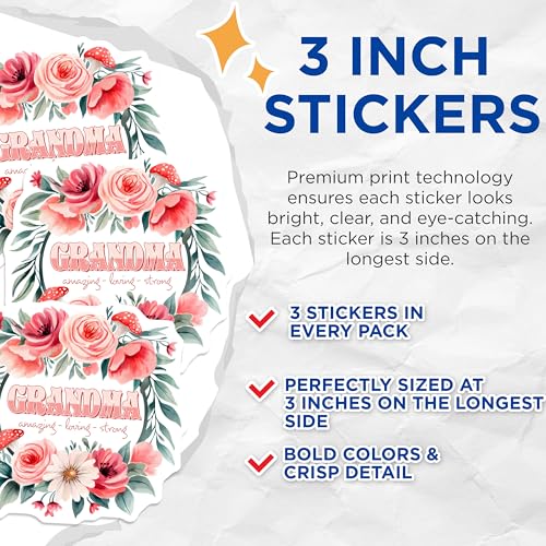 (3 Pack) Grandma Floral Decals - Amazing Loving Strong - Laptop Decal - 3 Inches On Longest Side - Easy Peel & Apply - Made in USA - 3MCS7233