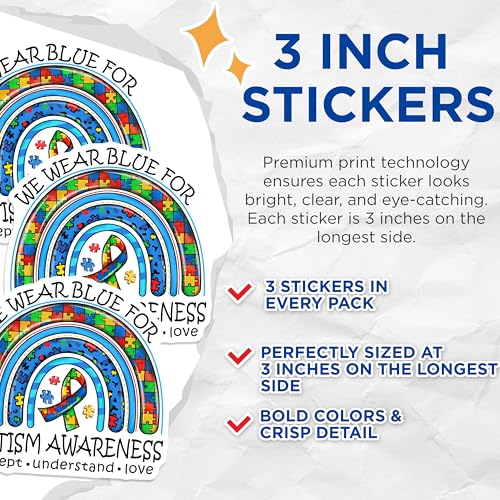 (3 Pack) Autism Awareness Decals - Puzzle Piece Rainbow - Laptop Decal - 3 Inches On Longest Side - Easy Peel & Apply - Made in USA - 3MCS7929