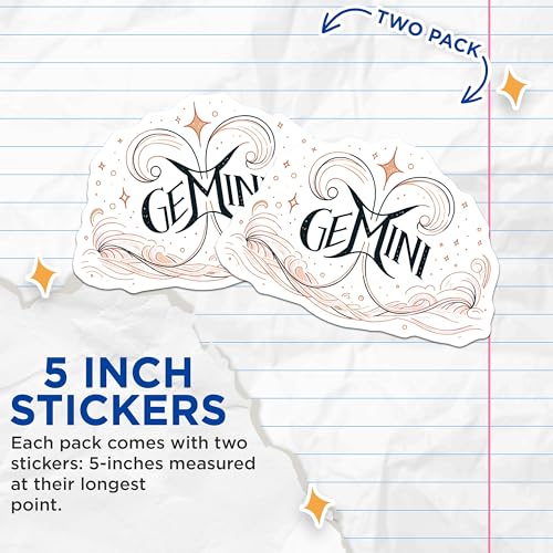 (2 Pack) Gemini Zodiac Sign Stickers - Horoscope Theme - Astrology Decals - 5" On Longest Side - Sticks to Smooth Flat Surfaces - Made in USA - BMCS6604