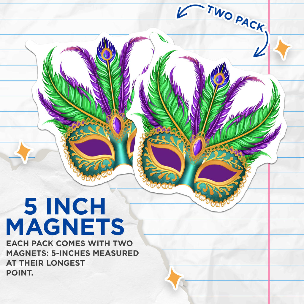 (2 Pack) Mardi Gras Mask Magnets - Carnival Festival Decor - New Orleans Party Supplies - Masquerade Celebration Accent - 5 Inches On Longest Side - Thick Durable Magnet - Made in USA - MAG36858