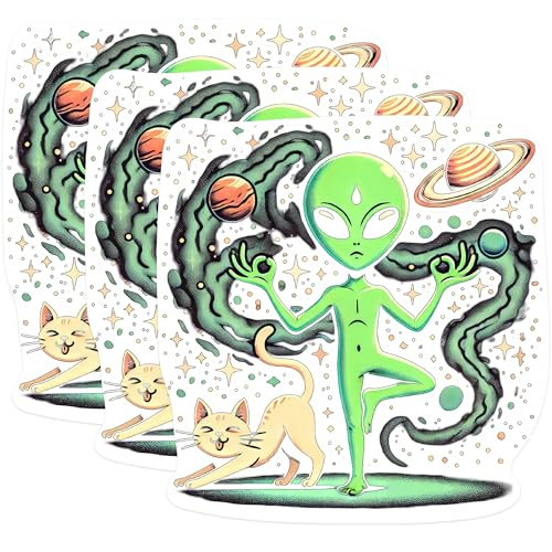 (3 Pack) Alien Yoga Decals - Cat Stretching - Planets and Stars Space Decals - 3 Inches On Longest Side - Easy Peel & Apply - Made in USA - 3MCS0942