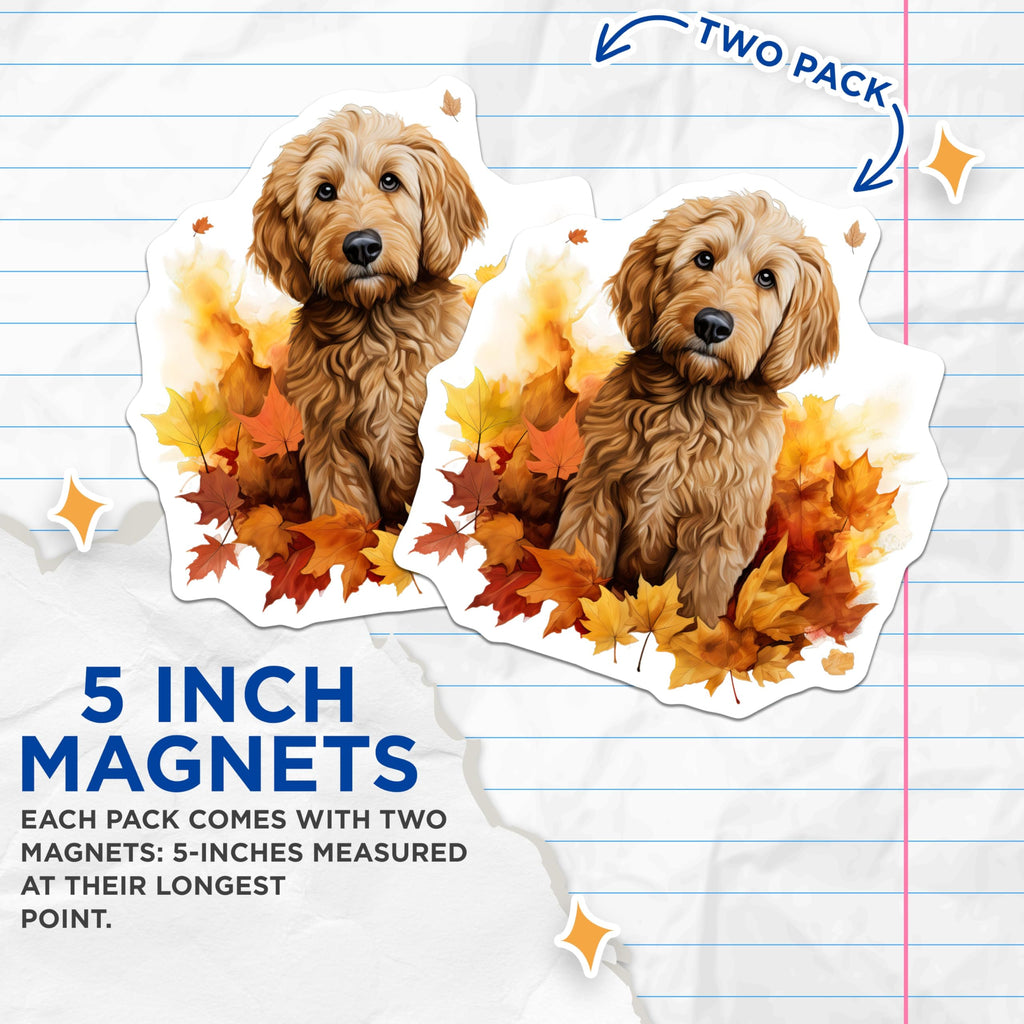(2 Pack) Goldendoodle Magnets - Cute Autumn Dog Decor - Fall Puppy Refrigerator Locker Magnets - 5 Inches On Longest Side - Thick Durable Magnet - Made in USA - MAG26475