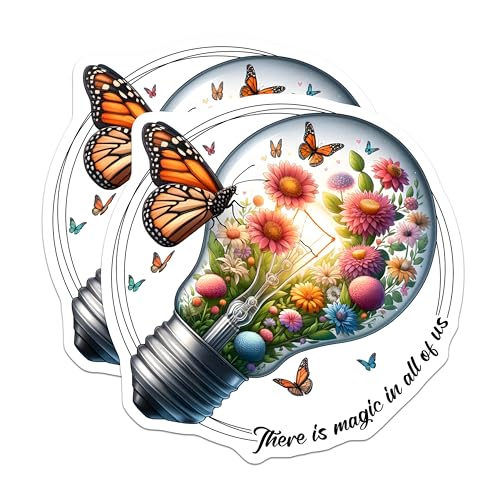 (2 Pack) Inspirational Magic Stickers - Butterfly Lightbulb Design - Whimsical Floral Art Decals - 5" On Longest Side - Sticks to Smooth Flat Surfaces - Made in USA - BMCS8242