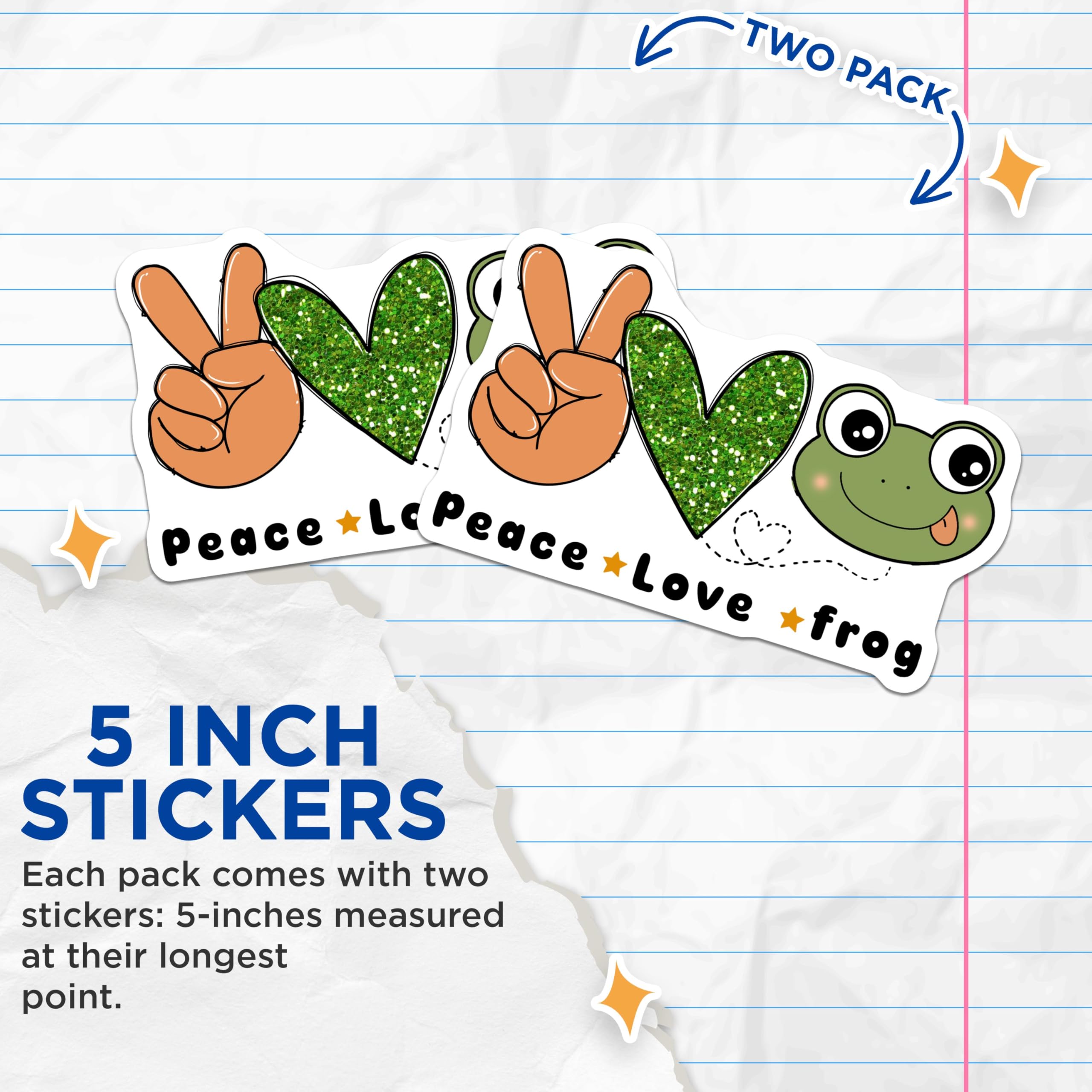 (2 Pack) Peace Love Frog Stickers - Cute Frog Design - Adorable Animal Decals for Notebook Water Bottle Phone Case - 5" On Longest Side - Sticks to Smooth Flat Surfaces - Made in USA - BMCS6736