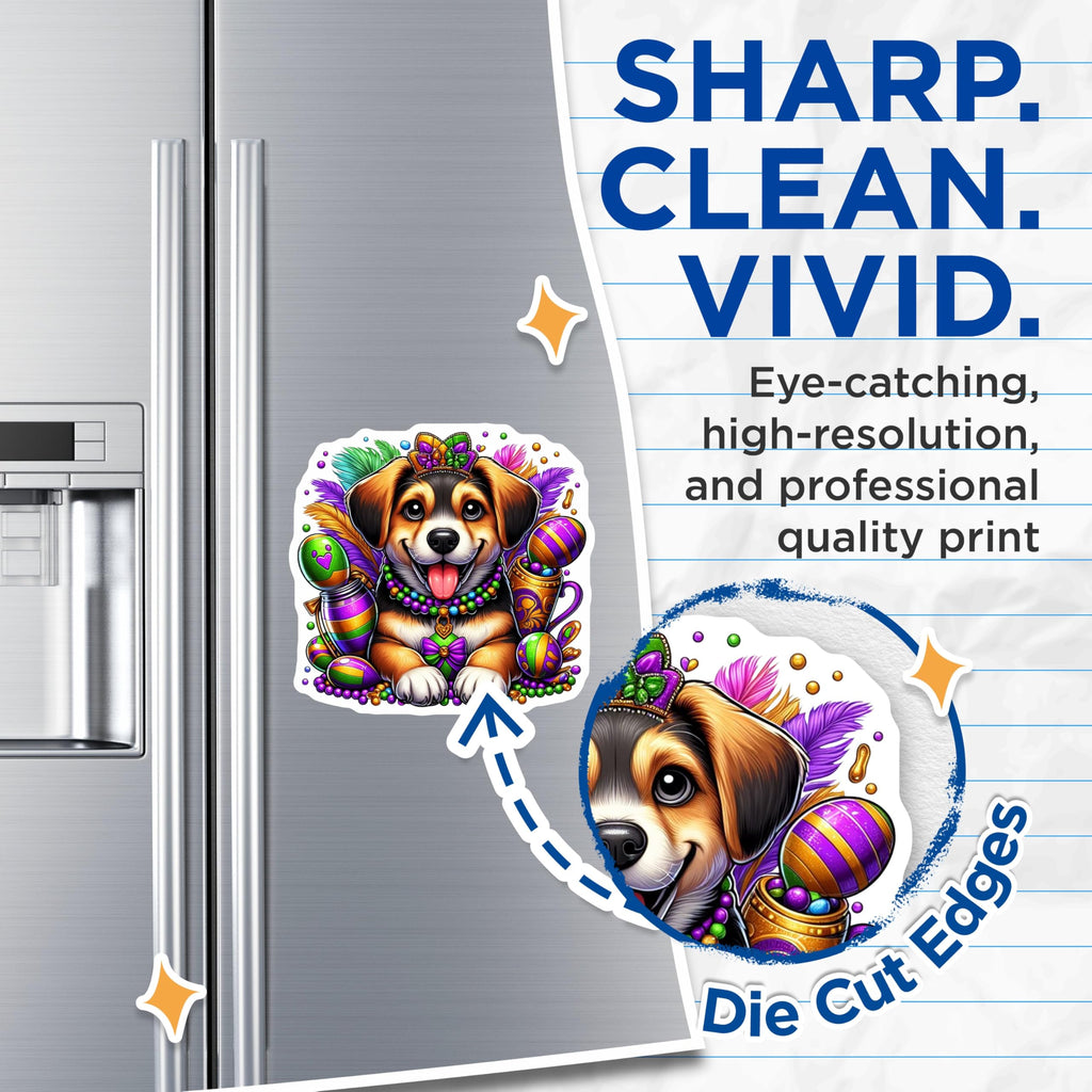 (2 Pack) Mardi Gras Puppy Magnets - Celebration Decor - Holiday Party Supplies - 5" On Longest Side - Premium Magnet - for Cars, Refrigerators, Toolboxes, Lockers - Made in USA - MAG14106