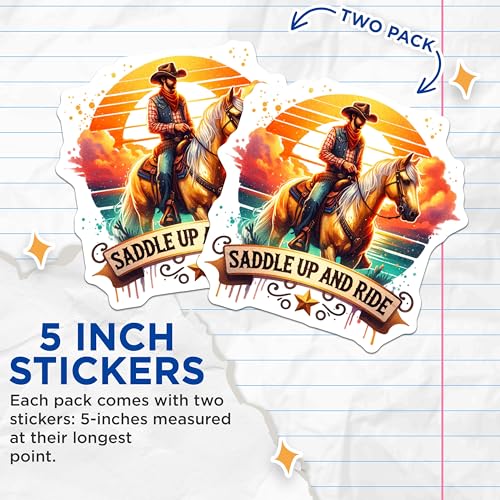 (2 Pack) Western Cowboy Stickers - Saddle Up and Ride - Sunset Horseback Riding - 5" On Longest Side - Sticks to Smooth Flat Surfaces - Made in USA - BMCS6837