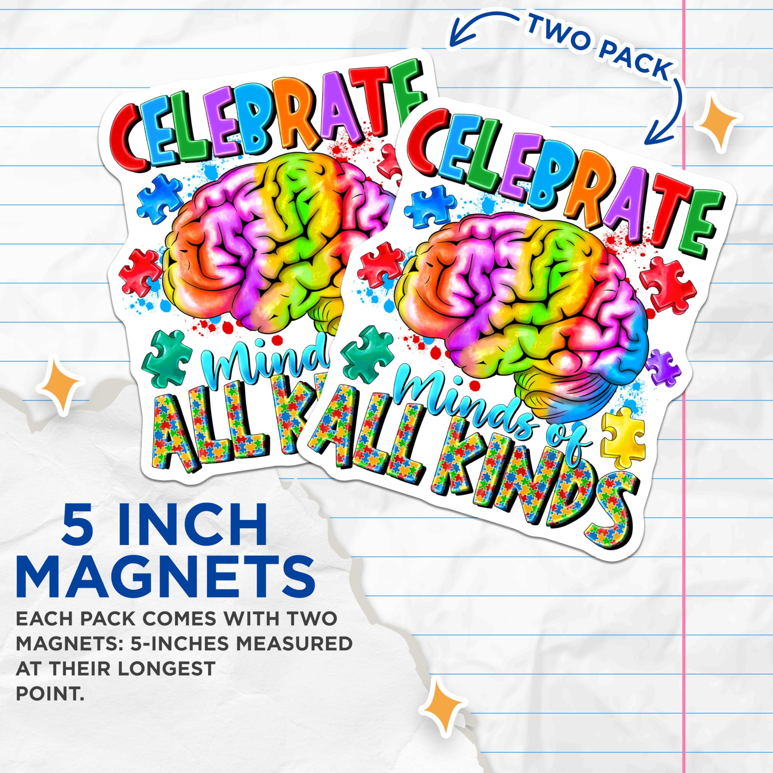 (2 Pack) Autism Awareness Magnets - Neurodiversity Support - Rainbow Brain Puzzle Pieces - 5 Inches On Longest Side - Thick Durable Magnet - Made in USA - MAG24665