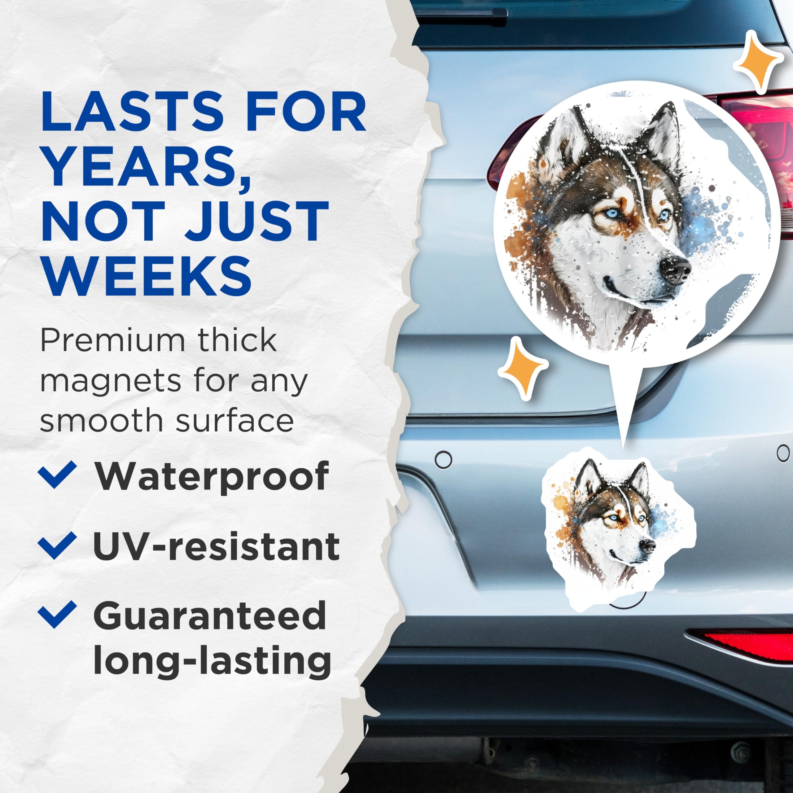 (2 Pack) Siberian Husky Magnets - Majestic Dog Breed Art - Watercolor Pet Lover Decor - Blue Eyes - 5 Inches On Longest Side - Thick Durable Magnet - Made in USA - MAG28763