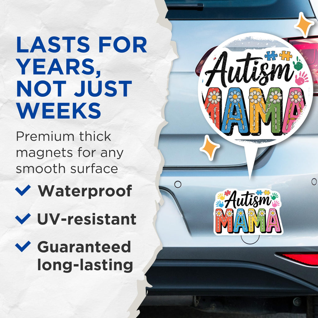 (2 Pack) Autism Mama Magnets - Neurodiversity Awareness Acceptance - Colorful Puzzle Handprint Support - 5 Inches On Longest Side - Thick Durable Magnet - Made in USA - MAG22155