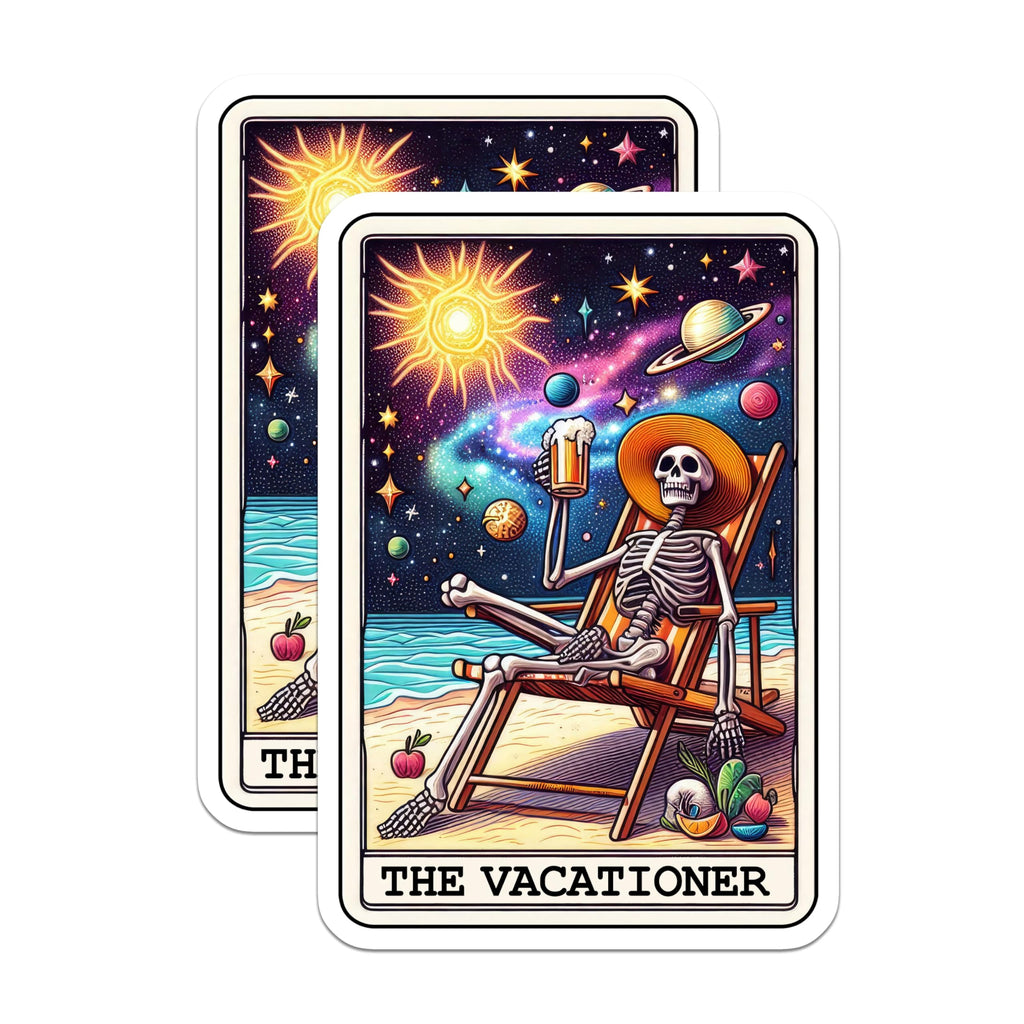 (2 Pack) Skeleton Vacation Stickers - Colorful Beach Stickers - Flamingo Summer Holiday Stickers - 5" On Longest Side - Sticks to Smooth Flat Surfaces - Made in USA - BMCS5514