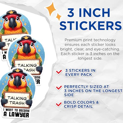 (3 Pack) Parrot Lawyer Decals - Talking Trash - Funny Bird Stickers - 3 Inches On Longest Side - Easy Peel & Apply - Made in USA - 3MCS2506