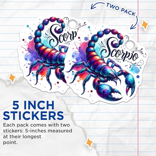 (2 Pack) Scorpio Astrology Stickers - Zodiac Sign Stickers - Horoscope Decal Cricut - Star Sign Art Stickers - 5" On Longest Side - Sticks to Smooth Flat Surfaces - Made in USA - BMCS6894