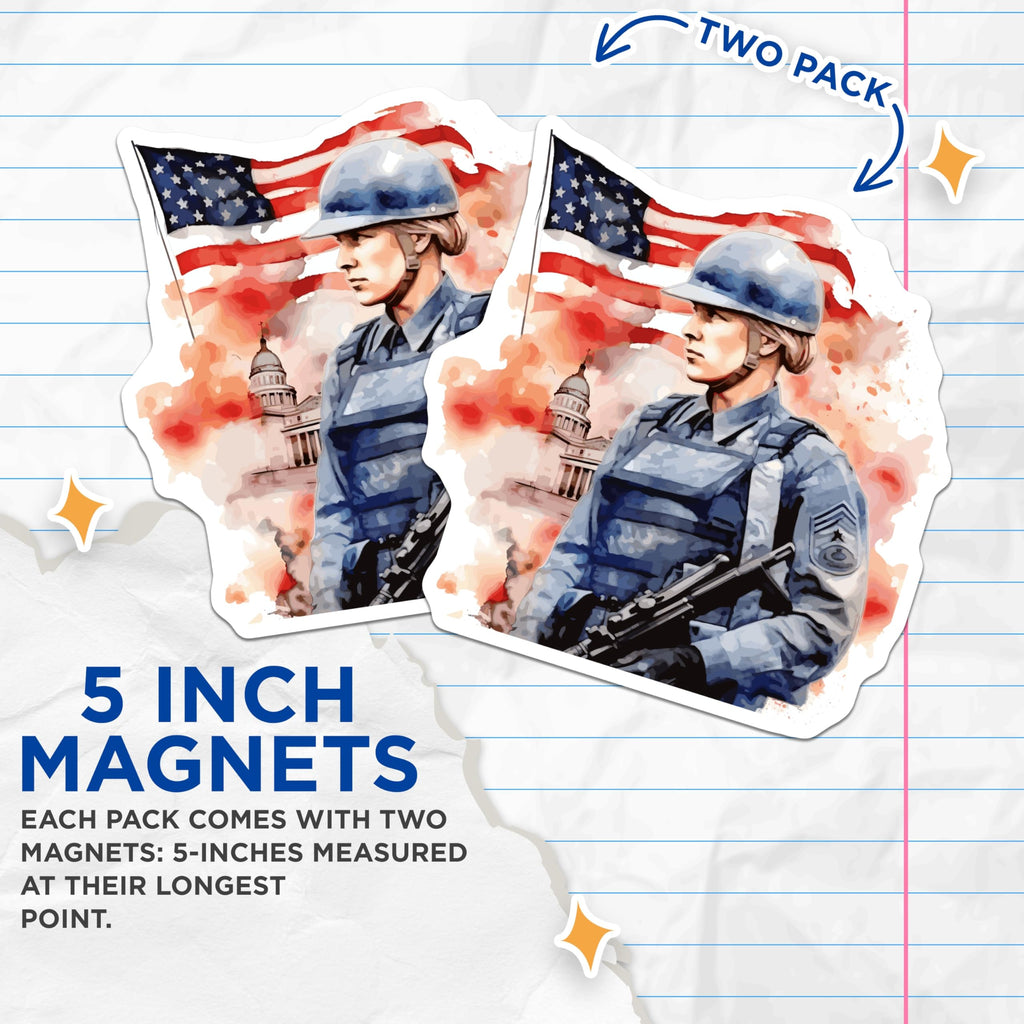 (2 Pack) American Soldier Magnets - Female Military Veteran Art - USA Flag National Pride Decor - Patriotic Tribute Magnets - 5 Inches On Longest Side - Thick Durable Magnet - Made in USA - MAG21853