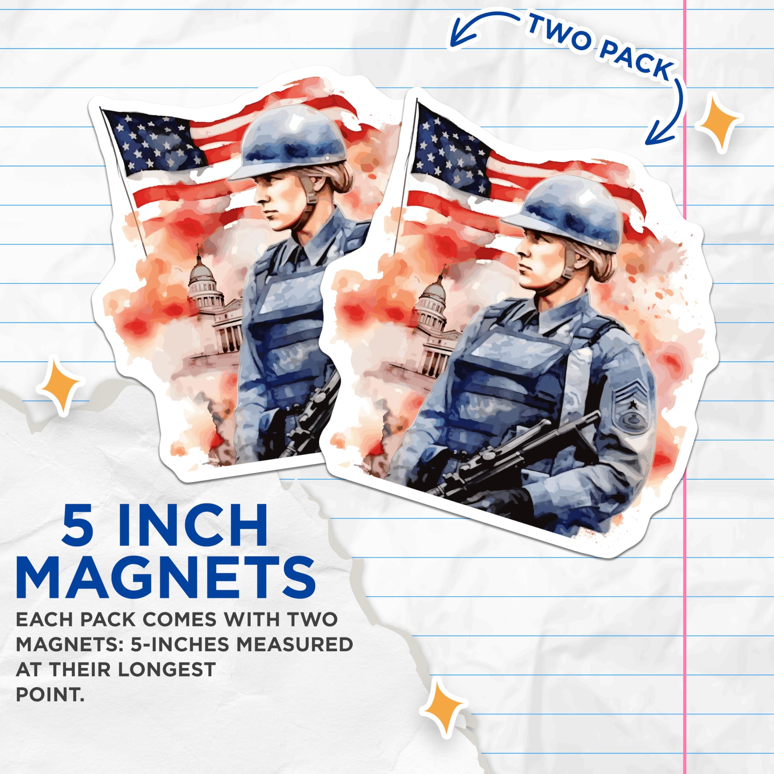 (2 Pack) American Soldier Magnets - Female Military Veteran Art - USA Flag National Pride Decor - Patriotic Tribute Magnets - 5 Inches On Longest Side - Thick Durable Magnet - Made in USA - MAG21853