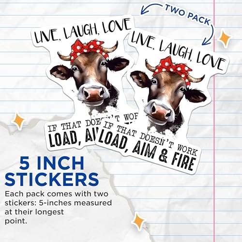 (2 Pack) Live Laugh Love Stickers - Funny Cow - Inspirational Quote - 5" On Longest Side - Sticks to Smooth Flat Surfaces - Made in USA - BMCS7737