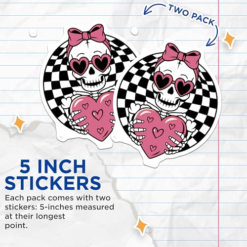 (2 Pack) Cute Skull Love Stickers - Heart Skeleton - Halloween Skull Art Stickers - Skeleton with Heart Stickers - 5" On Longest Side - Sticks to Any Smooth Flat Surface - Made in USA - BMCS3463