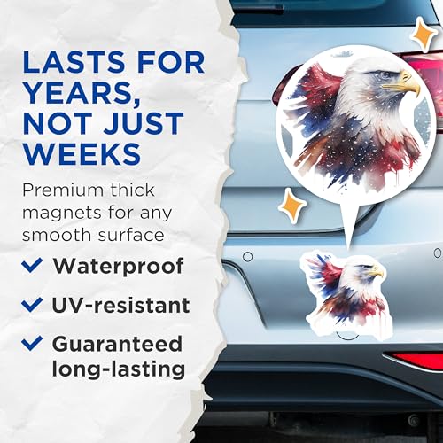 (2 Pack) Bald Eagle Magnets - American Flag - Patriotic Decor - Fridge - Locker - Office - Wildlife Art - 5" On Longest Side - for Cars, Fridges, Toolboxes - Made in USA - MAG6758
