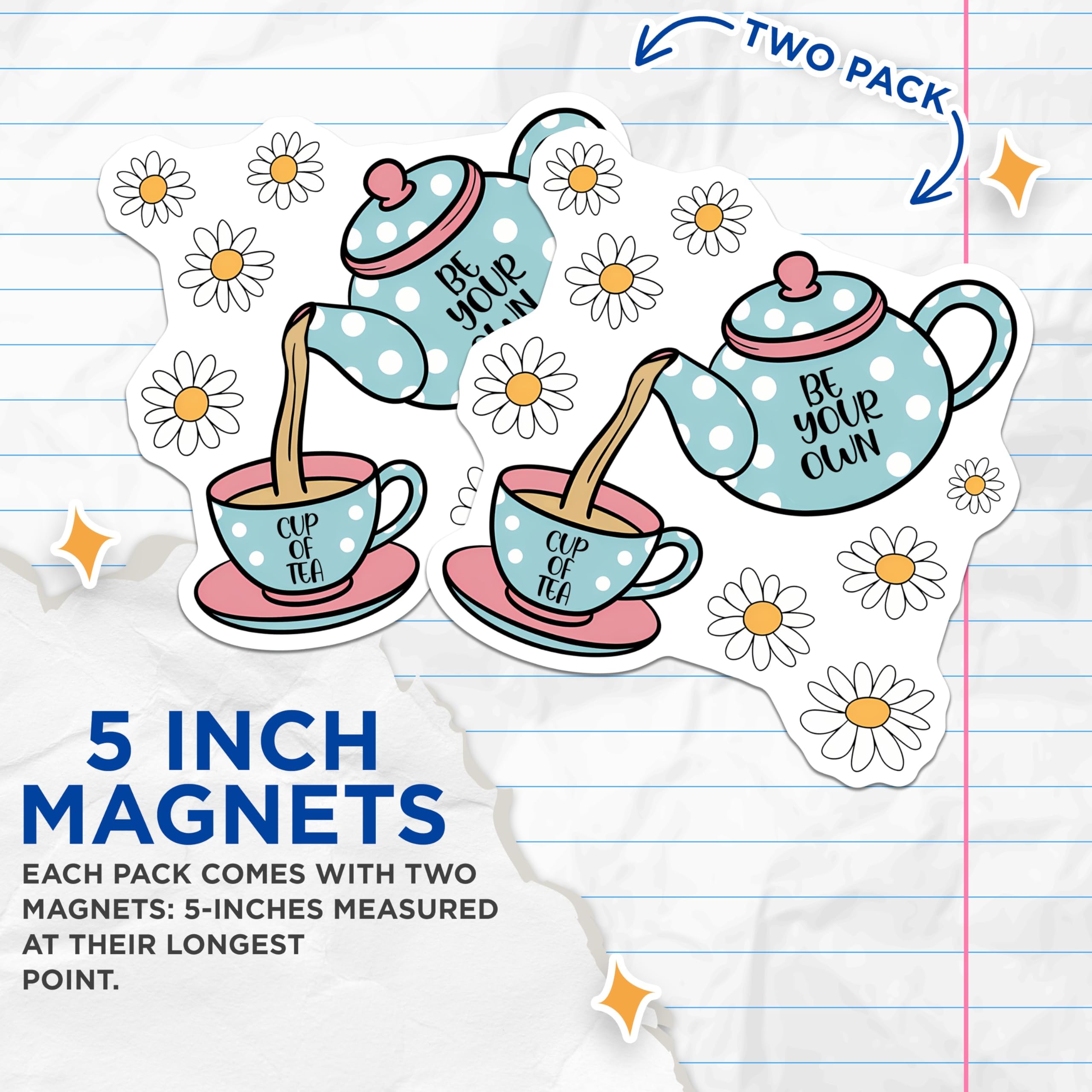 (2 Pack) Tea Pot Magnets - Daisy Flower Magnet - Quirky Fridge Decor - 5" On Longest Side - Premium Magnet - for Cars, Refrigerators, Toolboxes, Lockers - Made in USA - MAG15409