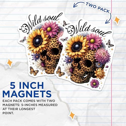 (2 Pack) Wild Soul Magnets - Skull with Flowers - Sunflower Decor - Butterfly Decorations - 5" On Longest Side - for Cars, Fridges, Toolboxes - Made in USA - MAG7378