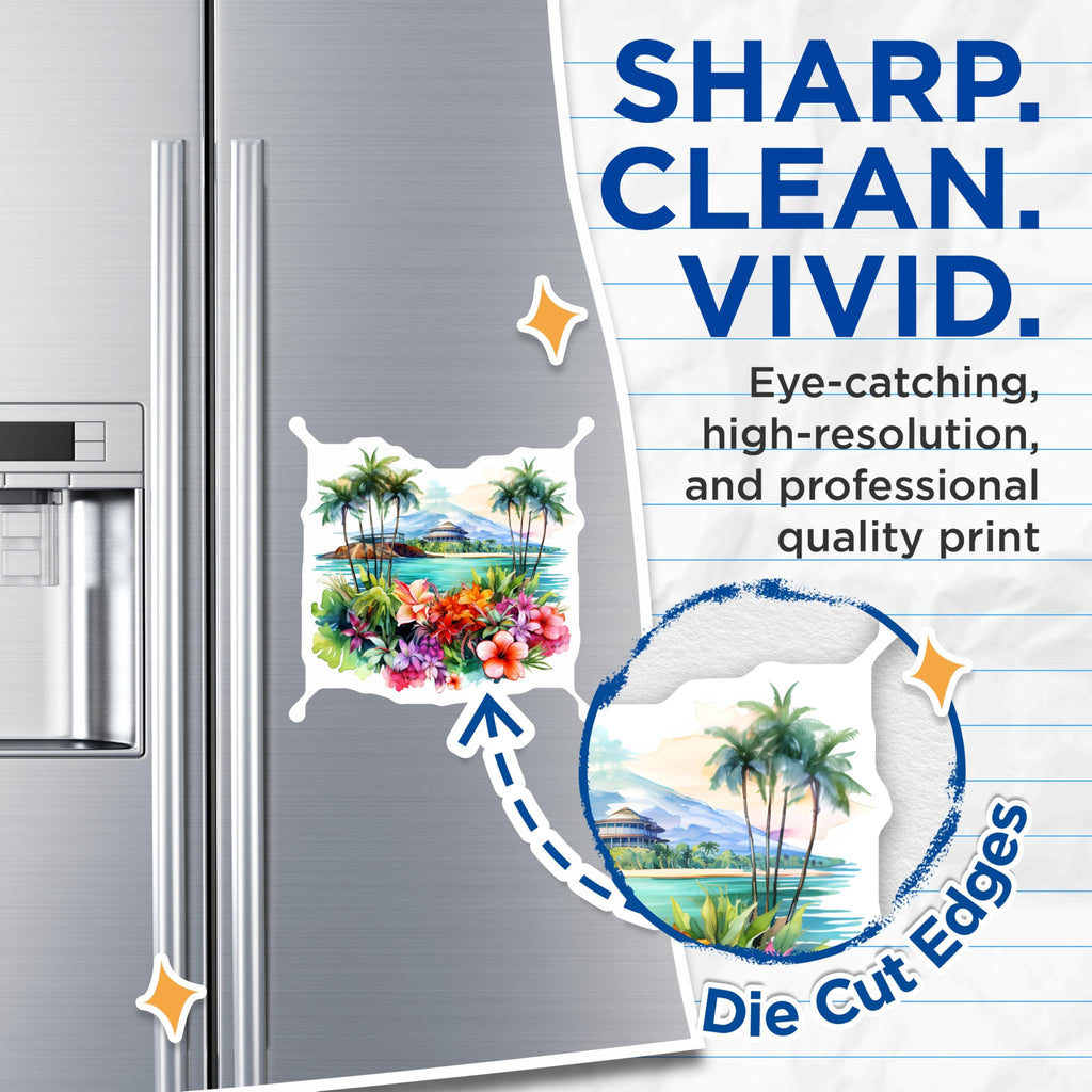 (2 Pack) Tropical Paradise Magnets - Vibrant Watercolor Island Art - Palm Trees Hibiscus Flowers Beach Vacation Decor - 5 Inches On Longest Side - Thick Durable Magnet - Made in USA - MAG20113