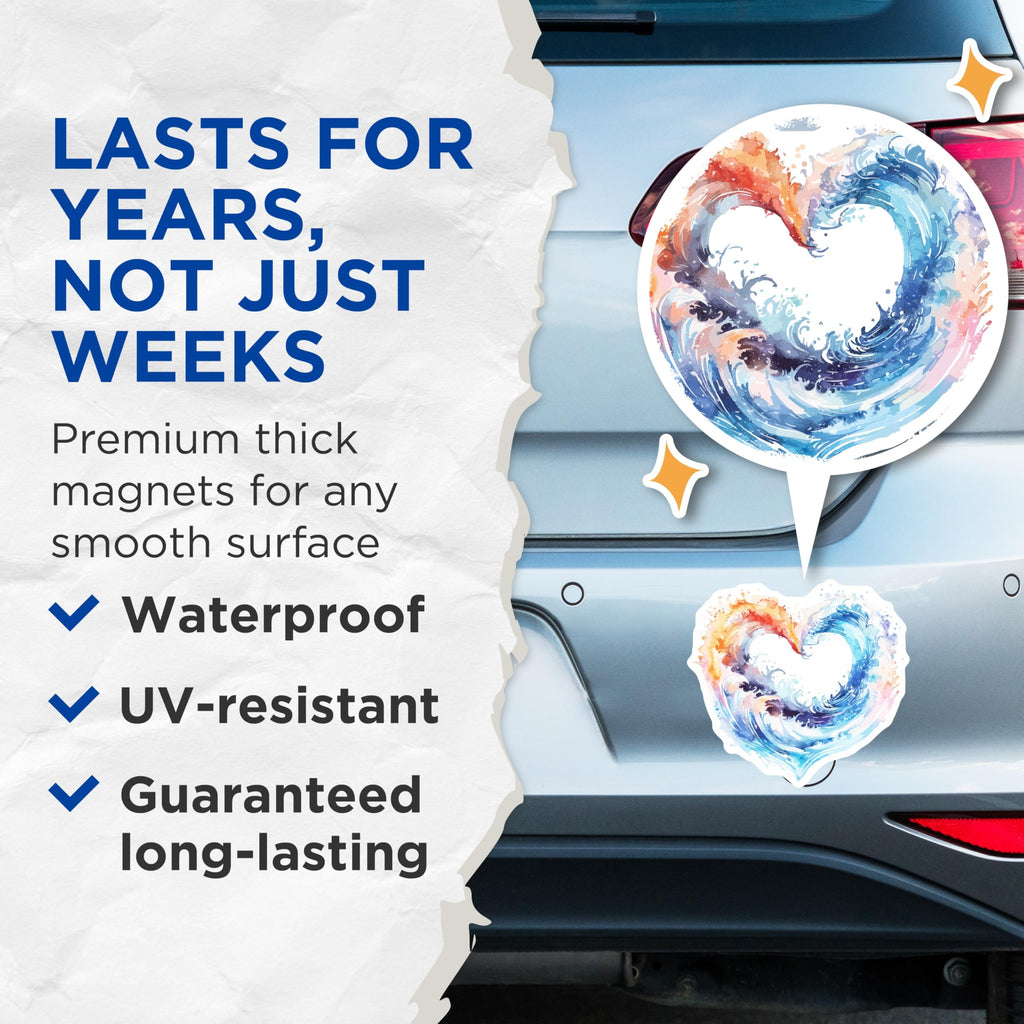 (2 Pack) Fire and Water Heart Magnets - Abstract Watercolor Waves - Passionate Love Art Decor - 5 Inches On Longest Side - Thick Durable Magnet - Made in USA - MAG19783
