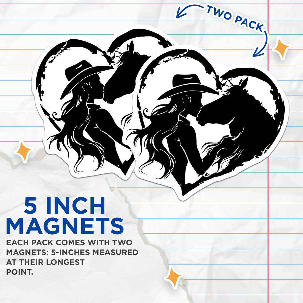(2 Pack) Cowgirl Horse Love Magnets - Equestrian Silhouette - Western Style Refrigerator Decor - Ranch Life Accessory - 5 Inches On Longest Side - Thick Durable Magnet - Made in USA - MAG39087