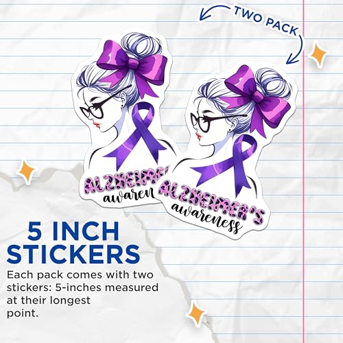 (2 Pack) Alzheimer's Awareness Stickers - Purple Ribbon Design - Awareness Campaign Stickers - 5" On Longest Side - Sticks to Smooth Flat Surfaces - Made in USA - BMCS9796