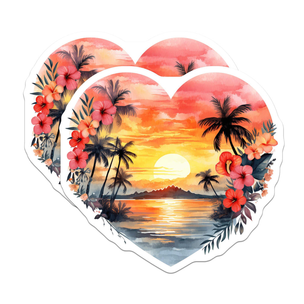 (2 Pack) Tropical Sunset Magnets - Heart Shaped Beach Scene - Palm Trees Ocean View Decor - Hibiscus Hawaiian Island Art - 5 Inches On Longest Side - Thick Durable Magnet - Made in USA - MAG22547