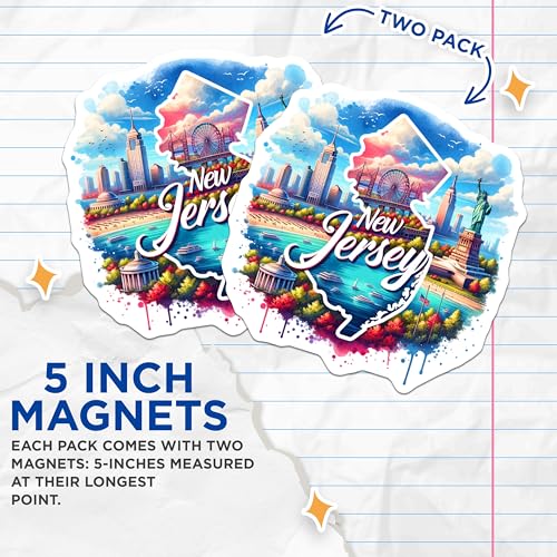 (2 Pack) New Jersey Attractions Magnets - Travel Souvenir - State Map Decor - East Coast Landmarks - Scenic Magnet Set - 5" On Longest Side - for Cars, Fridges, Toolboxes - Made in USA - MAG6984
