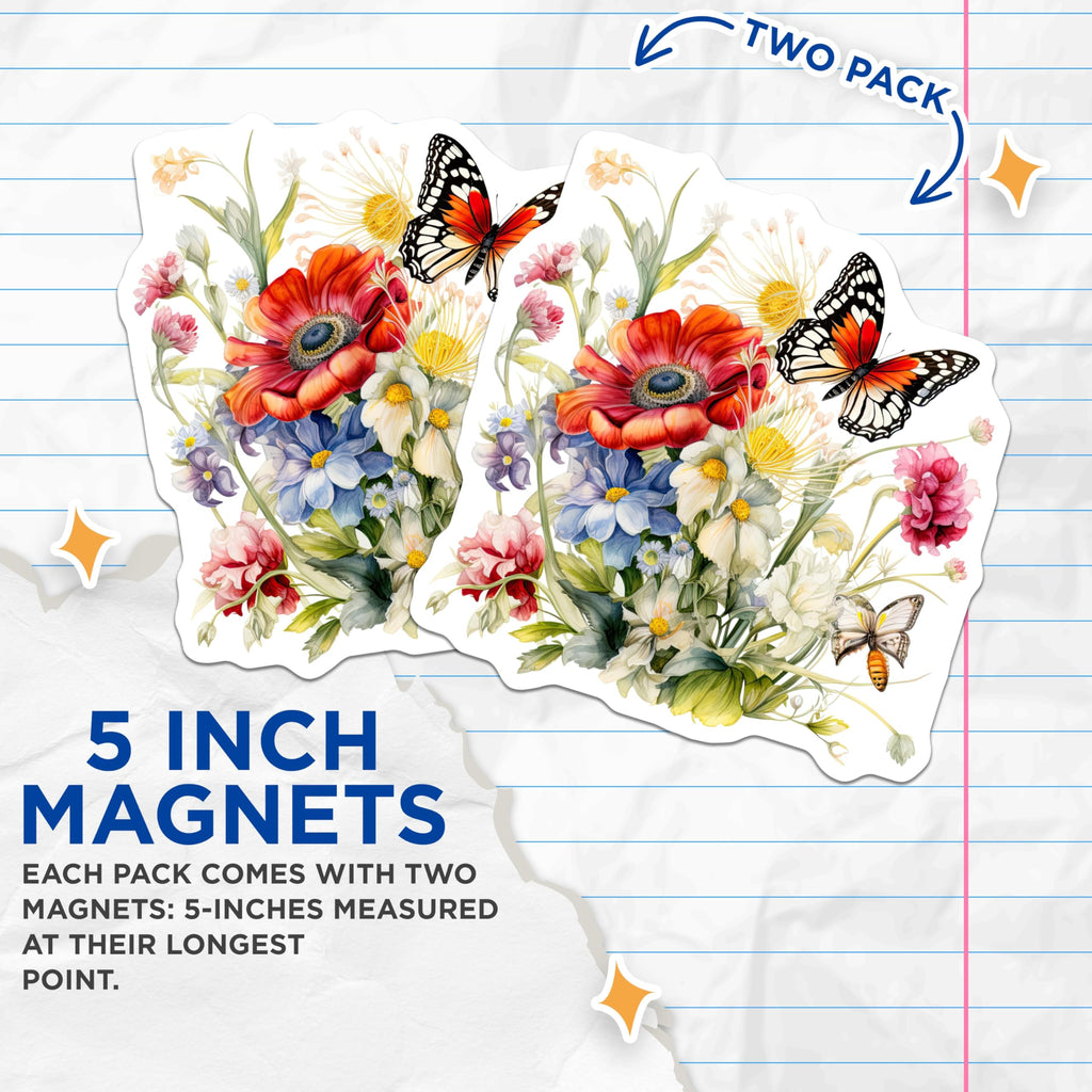 (2 Pack) Floral Bouquet Magnets - Butterfly Flower Art - Fridge Magnets Home Decor - 5" On Longest Side - Premium Magnet - for Cars, Refrigerators, Toolboxes, Lockers - Made in USA - MAG16013