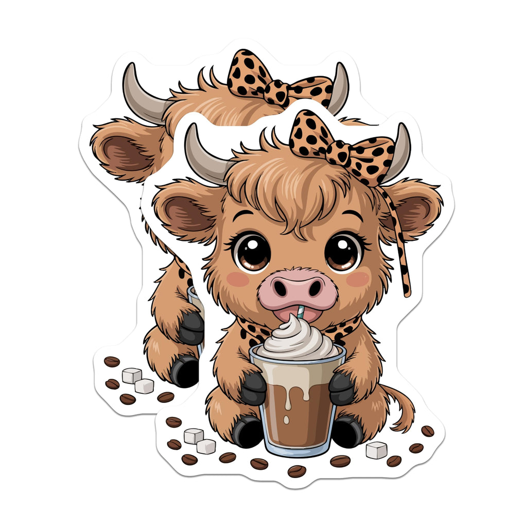 (2 Pack) Highland Cow Magnets - Cute Baby Calf Coffee Drinker - Leopard Print Bow Refrigerator Art - 5 Inches On Longest Side - Thick Durable Magnet - Made in USA - MAG21966