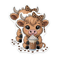 (2 Pack) Highland Cow Magnets - Cute Baby Calf Coffee Drinker - Leopard Print Bow Refrigerator Art - 5 Inches On Longest Side - Thick Durable Magnet - Made in USA - MAG21966