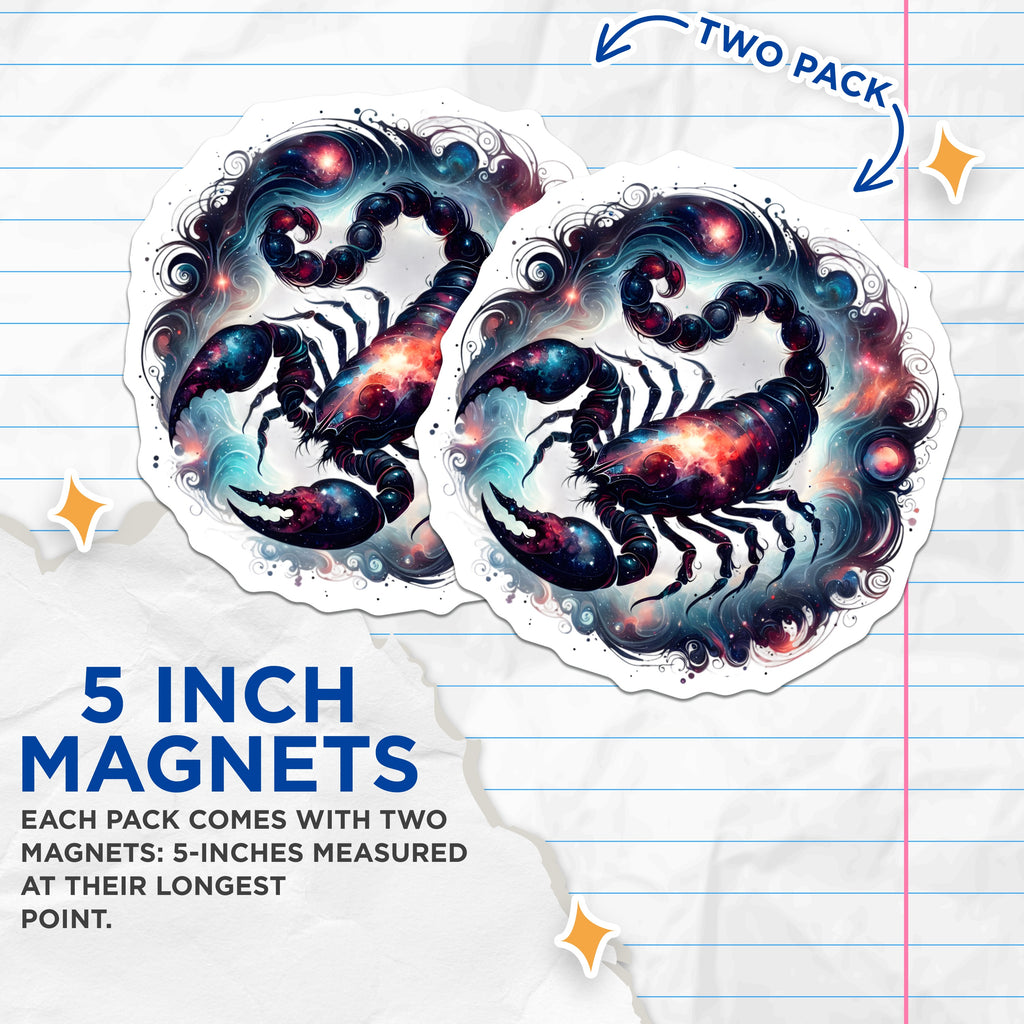 (2 Pack) Scorpio Zodiac Magnets - Celestial Scorpion Art - Astrology Space Decor - Mystical Horoscope Fridge Accent - 5 Inches On Longest Side - Thick Durable Magnet - Made in USA - MAG39485