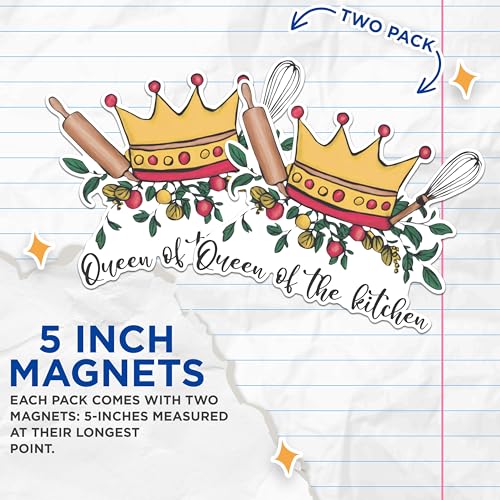 (2 Pack) Queen of The Kitchen Magnets - Kitchen Decor Magnets - Cooking Enthusiast Magnets for Fridge- 5" On Longest Side - for Fridges, Toolboxes, Cars - Made in USA - MAG3028