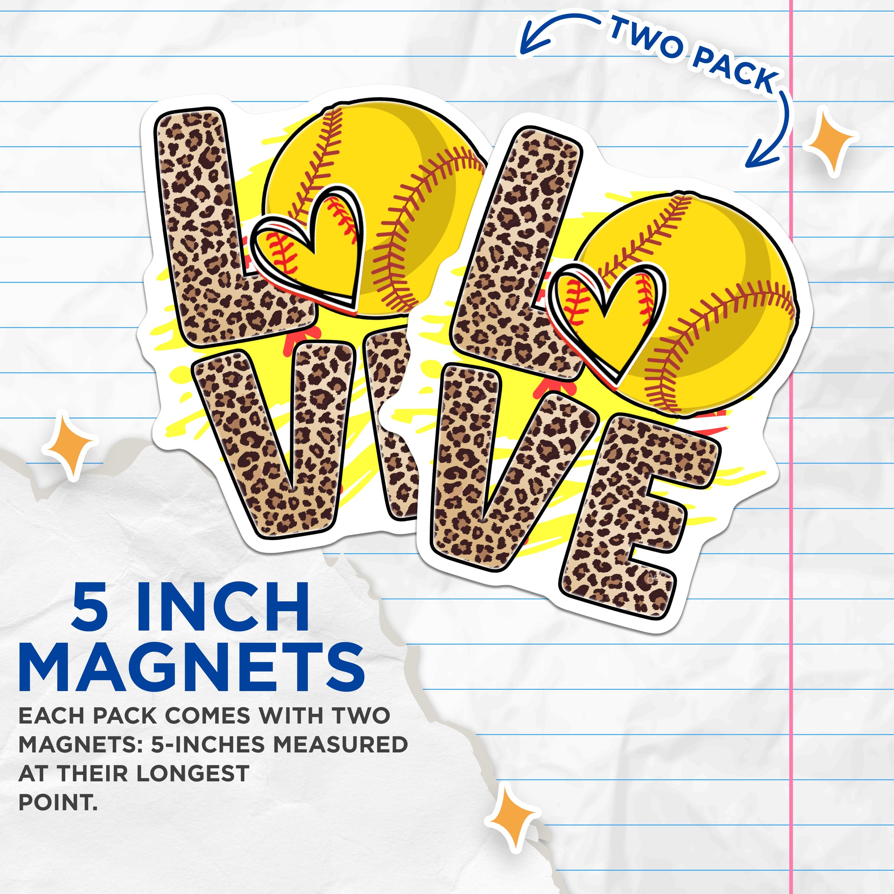 (2 Pack) Softball Love Magnets - Leopard Print Softball Mom Decor - Team Spirit Athlete Refrigerator Accessory - 5 Inches On Longest Side - Thick Durable Magnet - Made in USA - MAG37252