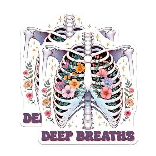 (2 Pack) Deep Breaths Floral Ribcage Stickers - Inspirational Anatomy - Positive Affirmation - 5" On Longest Side - Sticks to Smooth Flat Surfaces - Made in USA - BMCS8250