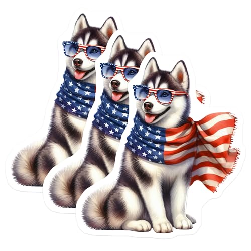 (3 Pack) Husky Decals - Patriotic Dog Stickers - American Flag Decals- 3 Inches On Longest Side - Easy Peel & Apply - Made in USA - 3MCS5626