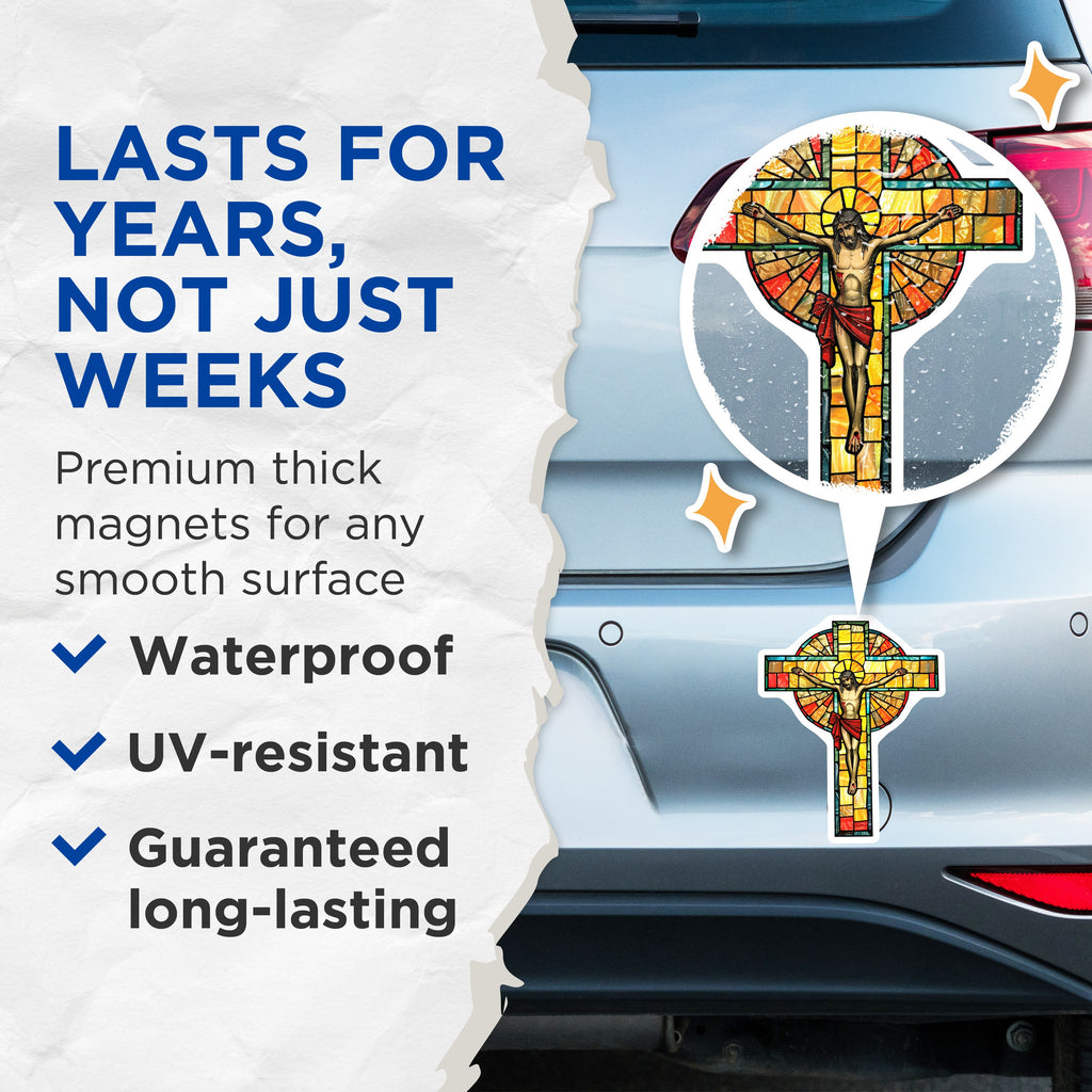 (2 Pack) Stained Glass Jesus Magnets - Christian Crucifixion Decor - Catholic Faith Home Accent - 5 Inches On Longest Side - Thick Durable Magnet - Made in USA - MAG37479