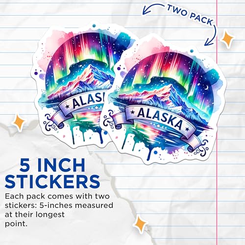 (2 Pack) Alaska Stickers - Aurora Borealis Decal - Vibrant Mountain Landscape Sticker - 5" On Longest Side - Sticks to Smooth Flat Surfaces - Made in USA - BMCS6798